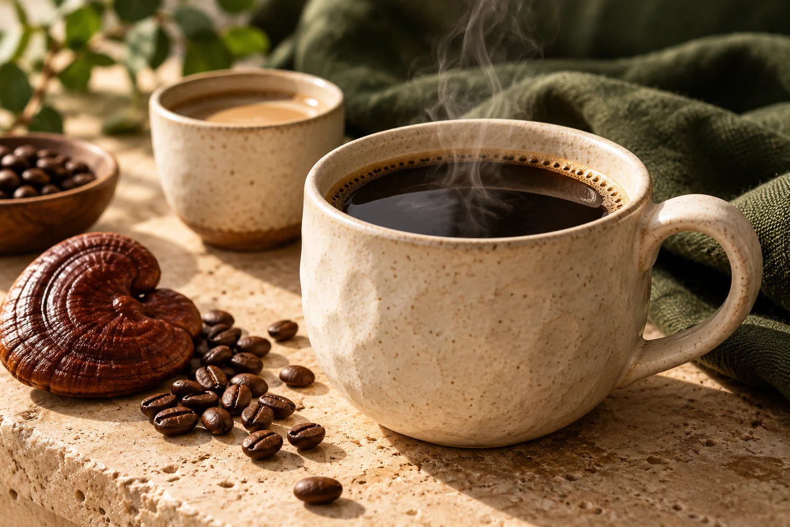 Steaming cups of coffee with coffee beans and a Lingzhi mushroom